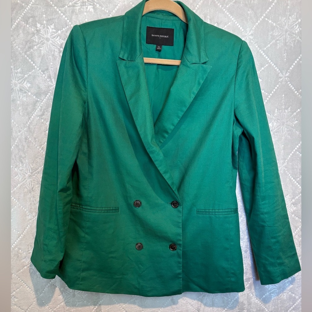 Banana Republic Green Double-Breasted Blazer Jacket Size 10 — Linen/Cotton Blend